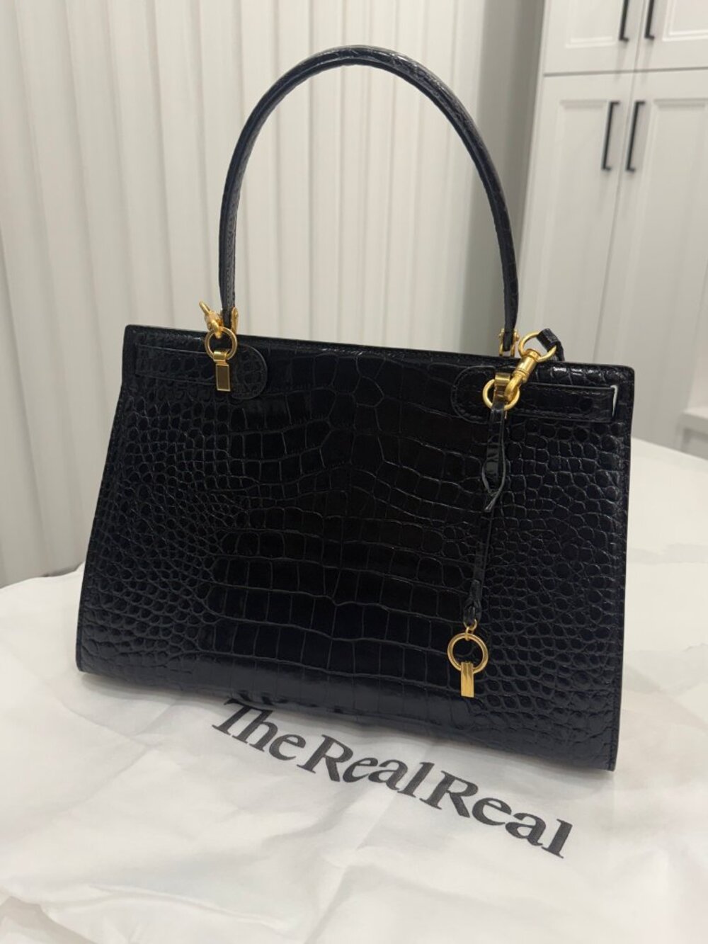 Tory Burch Lee Radziwill Satchel Black Croc-Embossed Leather